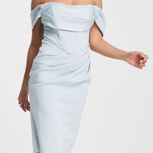 ASOS DESIGN Petite drape bardot corset pencil midi dress in chocolate